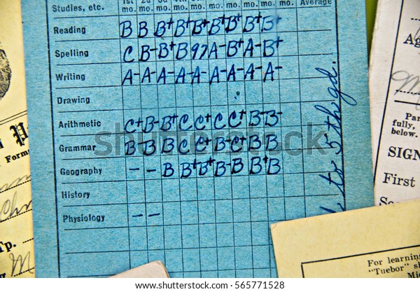close up of old school\
report card