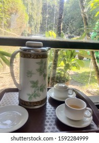 Close Up Old Style Tea Pot And Cups On The Table In Yangon Myanmar