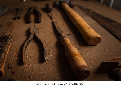 Close Up Of Old Vintage Woodworking Tools On Bench