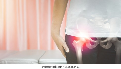 Close Up Older Woman Suffering From Hip Pain, Health Problem And People Concept	