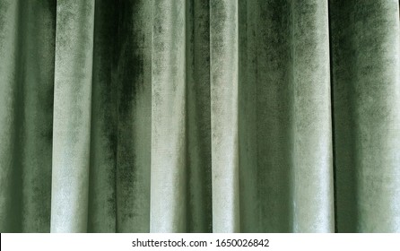 Close Up Of Olive Green Velvet And Silky Curtain.