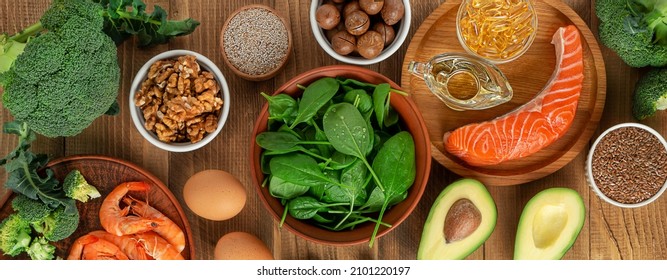 Close Up Of Omega 3 Rich Foods On Wooden Table, Directly Above.