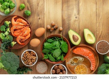 Close Up Of Omega 3 Rich Foods On Wooden Table, Directly Above. Copy Space