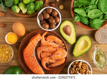 Close Up Of Omega 3 Rich Foods On Wooden Table, Top View.