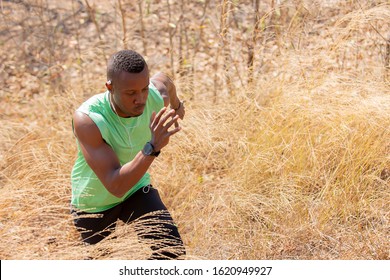 Close up on African runner running  trail on meadow , Sport healthy lifestyle concept