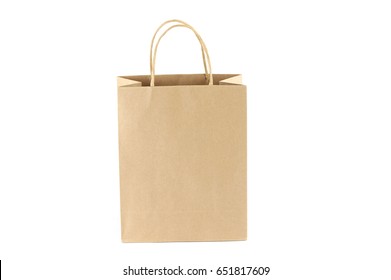 Close Up On Brown Recycle Paper Gift Bag Isolated On White Background