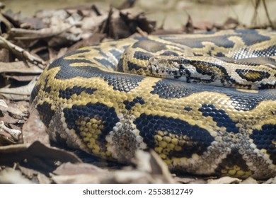 close up on a Burmese Python snake, Python bivittatus, rolled up and static on the ground.