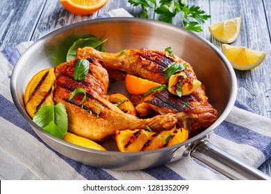 Close Up On Chicken Leg Quarters In A Skillet