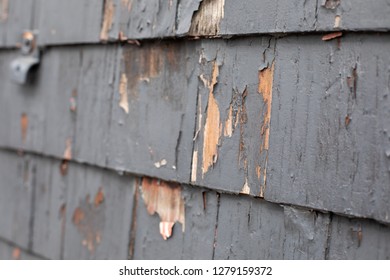 Close up on chipped gray paint on a wood shingle building, in an architectural background
