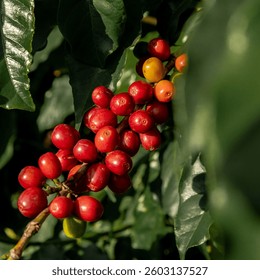 Close up on coffee tree with red ripe fresh fruits, fresh coffee seed, growing in organic green eco farm. Green leaf bush of fresh coffee beans, Minas Gerais, Brazil.
