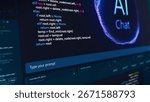 Close Up on Computer Screen with an Artificial Intelligence Chat Bot Creating a Unique Software Code Live on Display. Internet User Asked a LLM Model a Prompt to Generate a Programmer