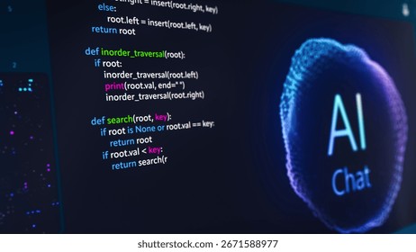 Close Up on Computer Screen with an Artificial Intelligence Chat Bot Creating a Unique Software Code Live on Display. Internet User Asked a LLM Model a Prompt to Generate a Programmer's Code