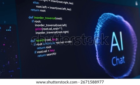 Close Up on Computer Screen with an Artificial Intelligence Chat Bot Creating a Unique Software Code Live on Display. Internet User Asked a LLM Model a Prompt to Generate a Programmer's Code