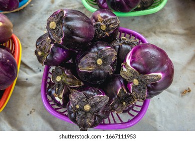 Close Up On A Eggplants On A Food Market Stall On Carlo Alberto Square In Catania City On Sicily, Autonomous Region Of Italy