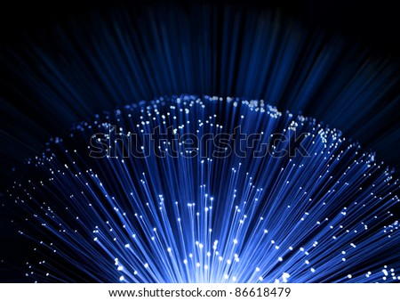 Close up on the ends of many illuminated fiber optic strands with black and blue blur background.
