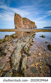 Close Up On The Famous Percé Rock At Low Tide, Percé Town, Gaspesie Peninsula, Qc, Canada