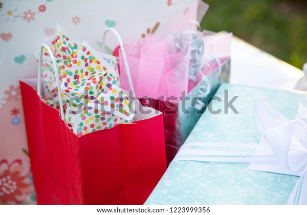 Close On Gift Bags Colorful Tissue Stock Photo Edit Now 1223999356