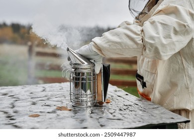 Close up on hand of beekeeper in protective bee suit taking bee smoker puffing smoke before using device to calm bees down at apiary farm, copy space - Powered by Shutterstock