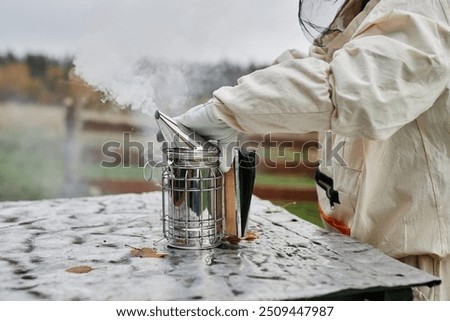 Similar – Image, Stock Photo Beekeeper using bee smoker in apiary