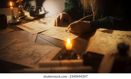Close Up on Hand of Old Renaissance Male Using Ink and Quill to Write New Ideas. Dedicated Historian Taking Notes, Writing a Book about the Important and Innovative Eras in the History of Humanity