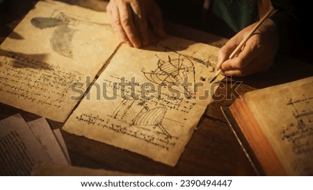 Close Up on Hand of Old Renaissance Male Using Ink and Quill to Write New Ideas. Dedicated Historian Taking Notes, Writing a Book about the Important and Innovative Eras in the History of Humanity