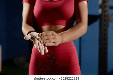 Close up on hands of unrecognizable female gymnast chalking hands rubbing magnesia into palms for safe practice on high bar in gym, copy space - Powered by Shutterstock