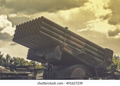 close up on  heavy multiple rocket launche , vintage effect