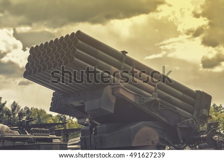 close up on  heavy multiple rocket launche , vintage effect
