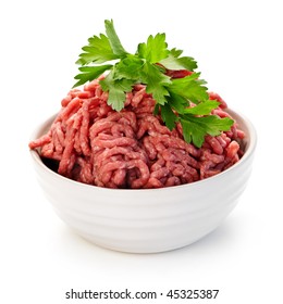 Close up on isolated bowl of lean red raw ground meat