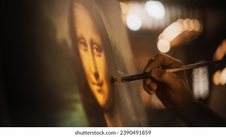 Close Up on Male Painter Hand Painting the Mona Lisa with Gentle Brush Movement. Details of the Famous Painting Being Drawn by its Creator. Pure Talent and Mastery of High Art, Everlasting Beauty - Powered by Shutterstock