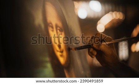 Close Up on Male Painter Hand Painting the Mona Lisa with Gentle Brush Movement. Details of the Famous Painting Being Drawn by its Creator. Pure Talent and Mastery of High Art, Everlasting Beauty