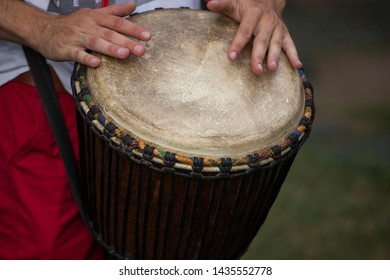 Close Up On Man Hands Playing On A Djembe African Drum, Percussion Musical Instrument