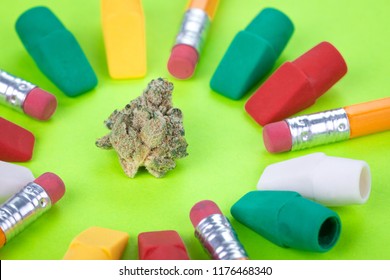 Close Up On A Marijuana Bud In A Circle Of Pencils And Erasers, In Colorful Display Of Drugs And Education