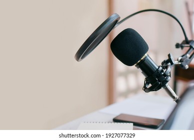 Close Up On Microphone Set Production On Table In The Recoding Studio For Podcast Broadcast Communication Lifestyle Concept