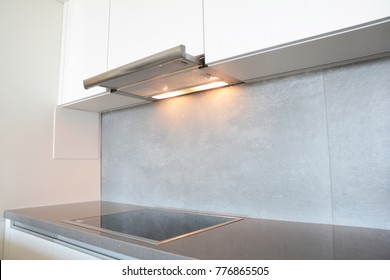 Close Up On Modern Air Exhauster Kitchen Fan Or Range Hood. Stainless Steel Chimney Hood. Island Hoods. Cooker Hood