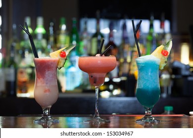 Close Up On Mouth Watering Cocktails In A Classy Bar