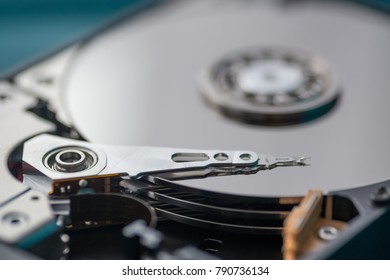 Close up on opened hard disk drive. Data recovery concept