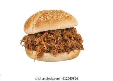 Close up on pulled pork sandwich isolated on white background.