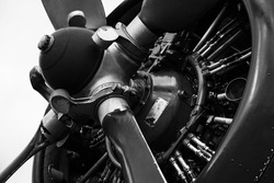 Close Up On A Radial Engine And Propeller Of A Bi Plane In Black And White. The Spinner And The Counterweights Of The Propeller Are Visible, As Well As The Cylinders