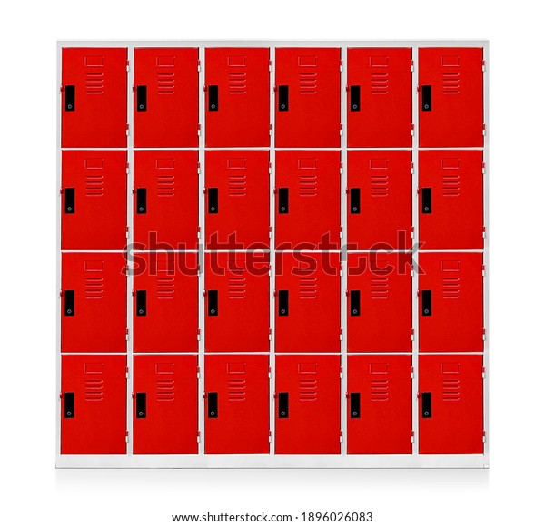 close up on red lockers in gym. isolated on\
white background
