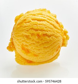 Close Up On A Scoop Of Tasty Orange Italian Granadilla Ice Cream Or Gelato Showing The Creamy Texture Over White With Reflection In Square Format