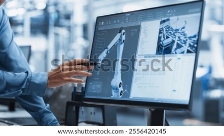 Close Up On Screen Of Desktop Computer With Automation Software For Autonomous Assembly Line At Modern Factory With Robotic Arms. Technical Supervisor Pointing At Display, Adjusting Production Process