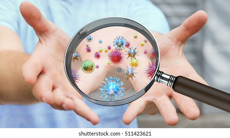 Close up on a sick man hand through magnifying glass transmitting virus by skin contact 3D rendering - Powered by Shutterstock