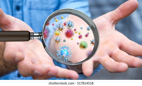 Close up on a sick man hand through magnifying glass transmitting virus by skin contact 3D rendering - Powered by Shutterstock