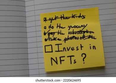 Close Up On A Sticky Note With A Todo List Stuck On A Blank Page Of A Notebook. The Highlighted Task Is To Invest In Nft