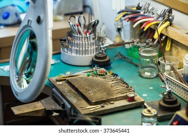 Close Up On A Table In Jewelry Maker Workshop