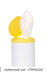 Close up on top of a pop up disinfecting wipes container, isolated on white. Vertical presentation.