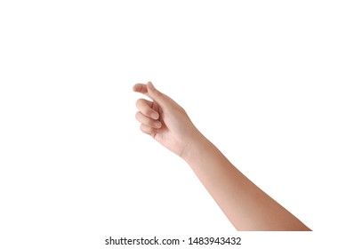 Close up of one beautiful female caucasian hand holding a pointing stick isolated on white background. Anonymous adult woman holds hand as if showing something virtual and invisible between fingers.