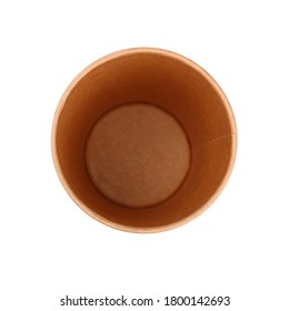 Close Up One Big Empty Brown Paper Coffee To Go Cup Isolated On White Background, Elevated Top View, Directly Above