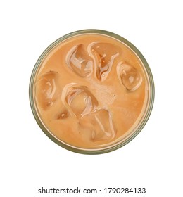 Close Up One Big Glass Of Coffee With Milk And Ice Cubes Isolated On White Background, Elevated Top View, Directly Above